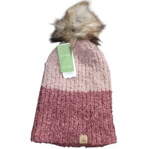 David & Young Women's Rose Pink ribbed knit pom pom Eco Awar Knit Beanie Hat-